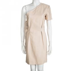 Salvatore Ferragamo Beige Denim Criss Cross Eyelet Detail One Shoulder Dress M