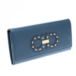 Pre Owned Salvatore Ferragamo Blue Leather Logo Studded Continental Wallet