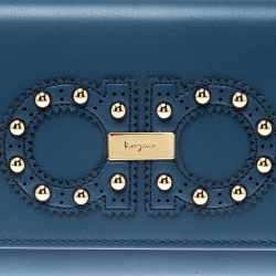 Pre Owned Salvatore Ferragamo Blue Leather Logo Studded Continental Wallet