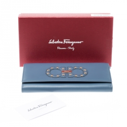 Pre Owned Salvatore Ferragamo Blue Leather Logo Studded Continental Wallet