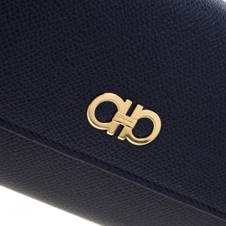 Pre Owned Salvatore Ferragamo Blue Leather Double Gancio Continental Wallet