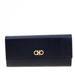 Pre Owned Salvatore Ferragamo Blue Leather Double Gancio Continental Wallet