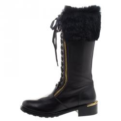 Pre Owned Salvatore Ferragamo Black Leather And Fur Trim Lapo Tall Combat Boots Size 39.5