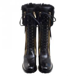 Pre Owned Salvatore Ferragamo Black Leather And Fur Trim Lapo Tall Combat Boots Size 39.5