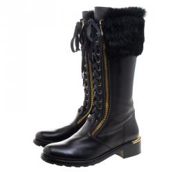 Pre Owned Salvatore Ferragamo Black Leather And Fur Trim Lapo Tall Combat Boots Size 39.5