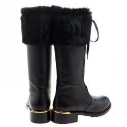 Pre Owned Salvatore Ferragamo Black Leather And Fur Trim Lapo Tall Combat Boots Size 39.5