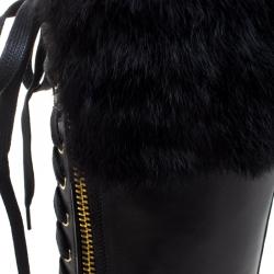 Pre Owned Salvatore Ferragamo Black Leather And Fur Trim Lapo Tall Combat Boots Size 39.5