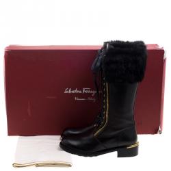 Pre Owned Salvatore Ferragamo Black Leather And Fur Trim Lapo Tall Combat Boots Size 39.5
