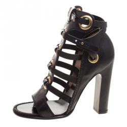 Pre Owned صندل سالفاتوري فيراغامو غلاديتور شيلا جلد أسود مقاس 340