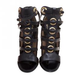 Pre Owned صندل سالفاتوري فيراغامو غلاديتور شيلا جلد أسود مقاس 340