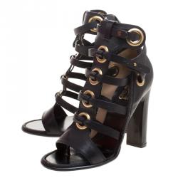 Pre Owned صندل سالفاتوري فيراغامو غلاديتور شيلا جلد أسود مقاس 340