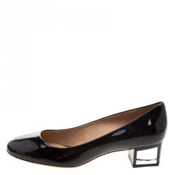 Pre Owned Salvatore Ferragamo Black Patent Leather Ninfea Lucite Block Heel Pumps Size 40.5