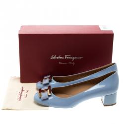 مملوكة مسبقًا Salvatore Ferragamo Blue Patent Leather Ninna Bow Pumps  Size 40.5