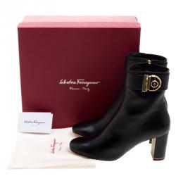 Pre Owned Salvatore Ferragamo Black Leather Fiamma Ankle Boots Size 39.5