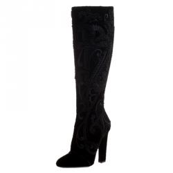 Pre Owned Salvatore Ferragamo Black Cord Embroidered Velvet Knee Boots Size 37