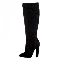 Pre Owned Salvatore Ferragamo Black Cord Embroidered Velvet Knee Boots Size 37