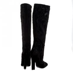 Pre Owned Salvatore Ferragamo Black Cord Embroidered Velvet Knee Boots Size 37