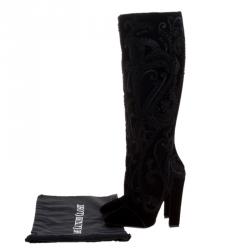 Pre Owned Salvatore Ferragamo Black Cord Embroidered Velvet Knee Boots Size 37