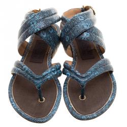مملوكة مسبقًا Salvatore Ferragamo Blue Lizard Embossed Leather Magritta Cross Strap Flat Thong Sandals Size 39