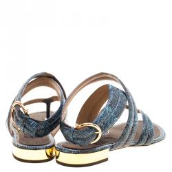مملوكة مسبقًا Salvatore Ferragamo Blue Lizard Embossed Leather Magritta Cross Strap Flat Thong Sandals Size 39