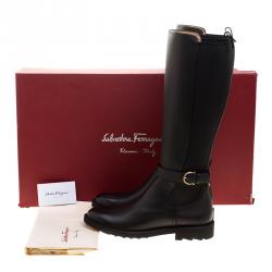 Pre Owned Salvatore Ferragamo Black Leather and Fabric Furseo Boots