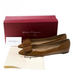 Salvatore Ferragamo Brown Croc Embossed Leather Mimi Pointed Toe Flats Size 40.5