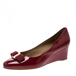 Salvatore Ferragamo Red Patent Leather Mirabel Wedge Pumps