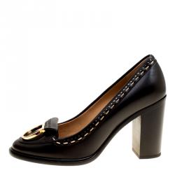 مملوكة مسبقًا ذاء كعب عالي سالفاتوري فيراغامو لوفر كعب عريض تفاصيل غانسيو فيل جلد أسود مقاس 3