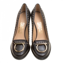 Pre Owned Salvatore Ferragamo Black Leather Fele Gancio Detail Block Heel Loafer Pumps Size 38
