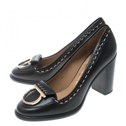Pre Owned Salvatore Ferragamo Black Leather Fele Gancio Detail Block Heel Loafer Pumps Size 38