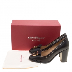 Pre Owned Salvatore Ferragamo Black Leather Fele Gancio Detail Block Heel Loafer Pumps Size 38