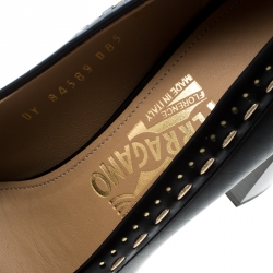 مملوكة مسبقًا ذاء كعب عالي سالفاتوري فيراغامو لوفر كعب عريض تفاصيل غانسيو فيل جلد أسود مقاس 3