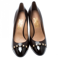 مملوكة مسبقًا حذاء كعب عالي سالفاتوري فيراغامو كعب روكي تفاصيل سلسلة غطاء مقدمة نانا جلد بني شوكليت مقاس 40.5