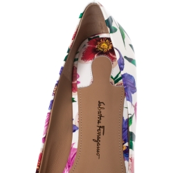 Pre Owned Salvatore Ferragamo White Floral Print Patent Leather Avola Bow Ballet Flats Size 37.5