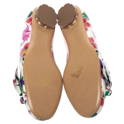 Pre Owned Salvatore Ferragamo White Floral Print Patent Leather Avola Bow Ballet Flats Size 37.5
