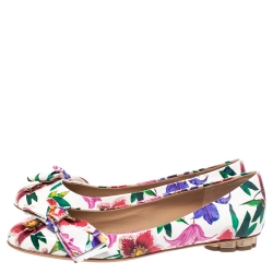 Pre Owned Salvatore Ferragamo White Floral Print Patent Leather Avola Bow Ballet Flats Size 37.5