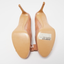 Pre Owned Salvatore Ferragamo Beige Patent Leather Vara Bow Pumps Size 37.5