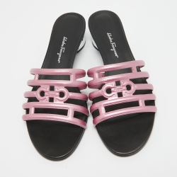 Pre Owned Salvatore Ferragamo Pink/Black Leather Finn Slide Sandals Size 39.5
