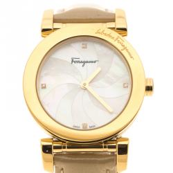 Pre Owned Salvatore Ferragamo Mother of Pearl Gold Plated Stainless Steel Firenze Women's Wristwatch 32 mm