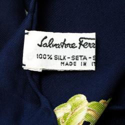 Pre Owned  Salvatore Ferragamo Navy Blue Printed Silk Square Scarf
