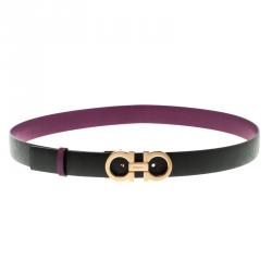 Pre Owned Salvatore Ferragamo Black/Purple Leather Reversible Gancini Buckle Belt Size 85CM