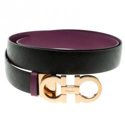 Pre Owned Salvatore Ferragamo Black/Purple Leather Reversible Gancini Buckle Belt Size 85CM