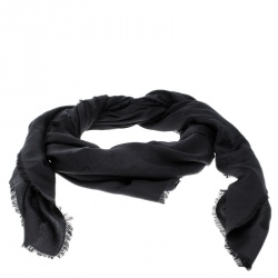 Pre Owned Salvatore Ferragamo Black Logo Pattern Jacquard Silk and Wool Shawl