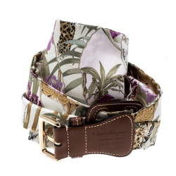 Salvatore Ferragamo Brown/Multicolor Printed Fabric and Leather Belt 95cm