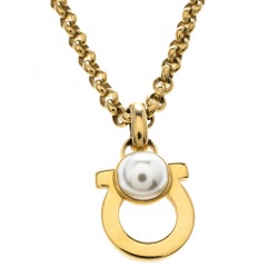 Pre Owned Salvatore Ferragamo Gancini Faux Pearl Gold Tone Pendant Necklace 