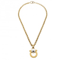 Pre Owned Salvatore Ferragamo Gancini Faux Pearl Gold Tone Pendant Necklace 