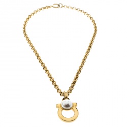 Pre Owned Salvatore Ferragamo Gancini Faux Pearl Gold Tone Pendant Necklace 