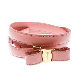 Pre Owned Salvatore Ferragamo Blush Pink Leather Vara Bow Skinny Belt Size 85 CM