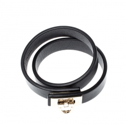 مملوكة مسبقًا Salvatore Ferragamo Gancini Lock Black Leather Gold Tone Wrap Bracelet