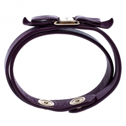 Pre Owned Salvatore Ferragamo Aubergine Leather Vara Bow Double Wrap Bracelet